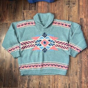 Vintage Sweater 80s 90s Chunky Southwest Motif Wool Handmade Knit Women’s M/L